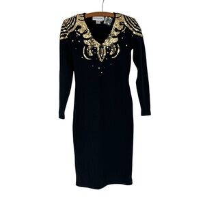 Outlander Petites Shiny Glam Gold Sequins Long Sleeve Soft Black Dress Lambswool